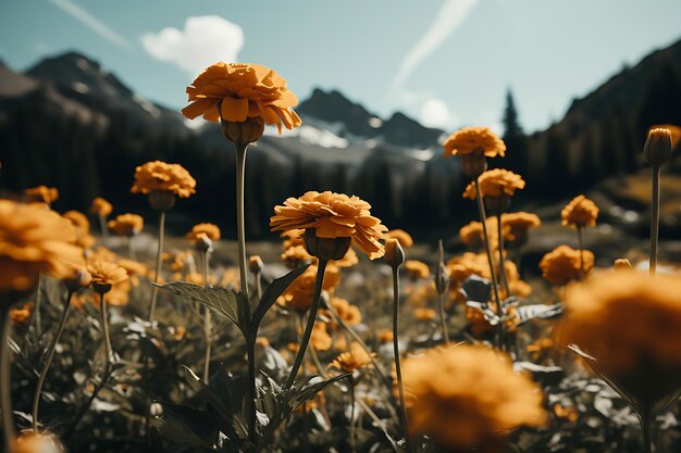 Une photo de fleurs de marigold sur fond de montagne