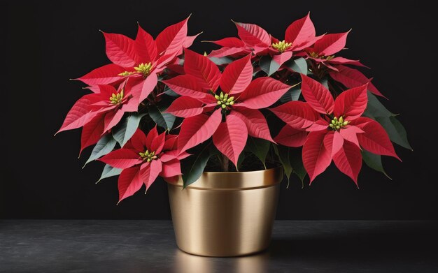 Photo de fleurs de poinsettia dans un pot en or sur fond noir