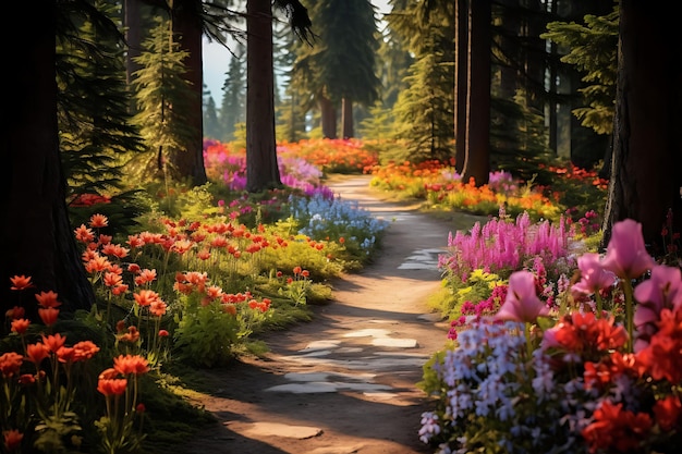 Photo de fleurs sauvages qui fleurissent le long d'un sentier forestier