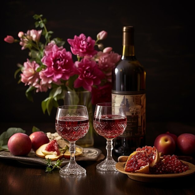 Photo de fleurs de vin de shabbat sur la table de la cuisine rituel juif traditionnel de shabbat shalom