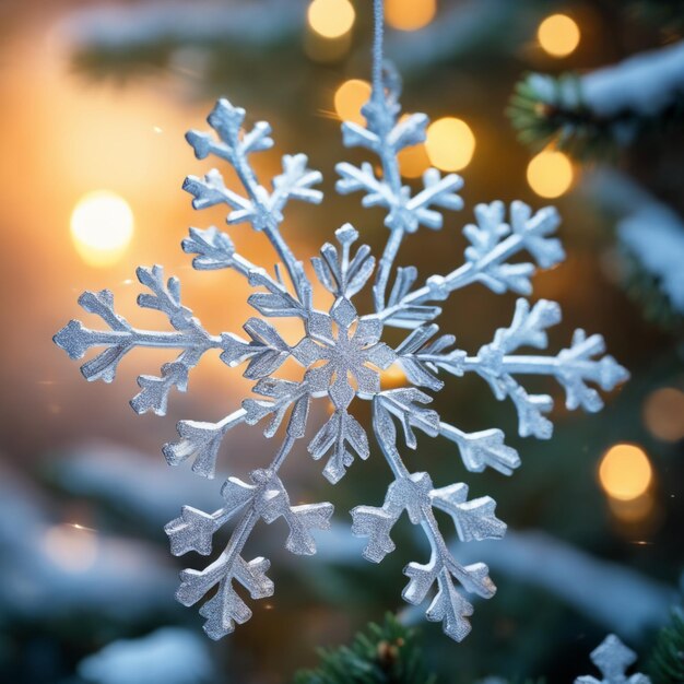 photo sur un flocon de neige un jouet en forme de flocon de neige avec un arc sur une branche d'épinette ealist