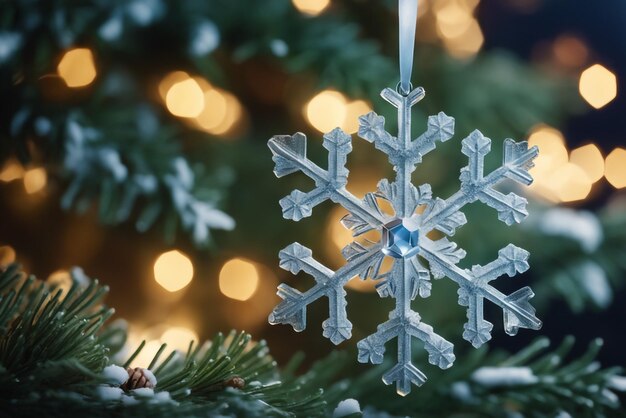 photo sur un flocon de neige un jouet en forme de flocon de neige avec un arc sur une branche d'épinette ealist