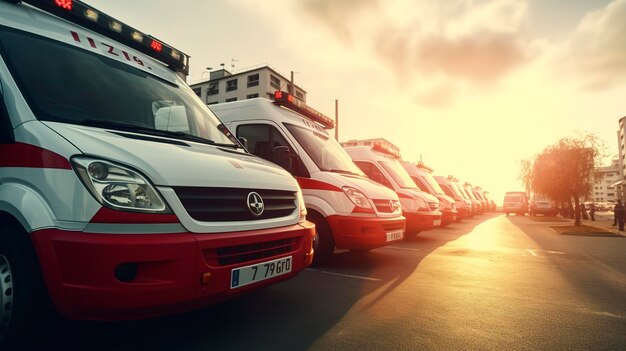 Une photo d'une flotte d'ambulance garée en rangée