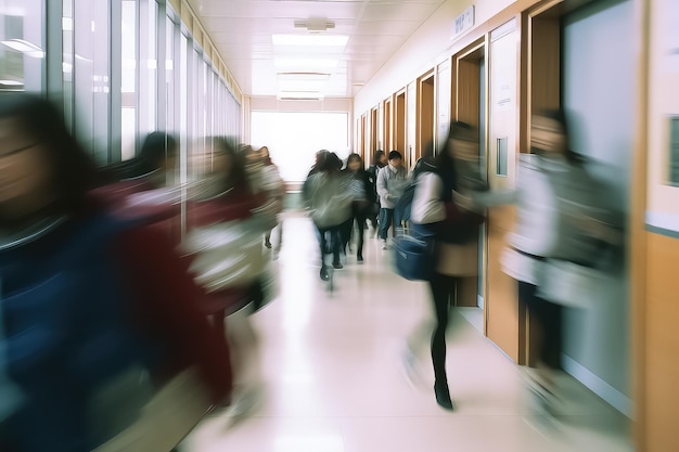 Photo floue d'élèves du secondaire qui montent les escaliers entre les cours