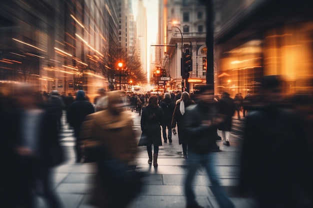 Une photo floue d'une foule de gens dans une rue de la ville