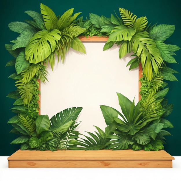 Photo fond floral vert tropical pour l'affichage et la présentation du produit table en bois