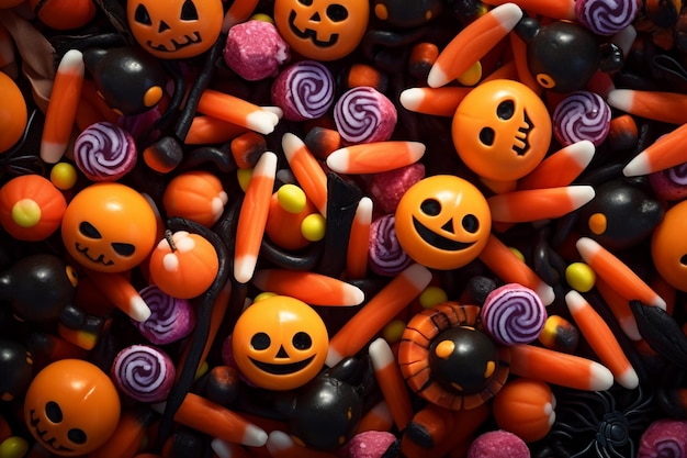 Une photo d'un fond d'Halloween avec des araignées et des bonbons