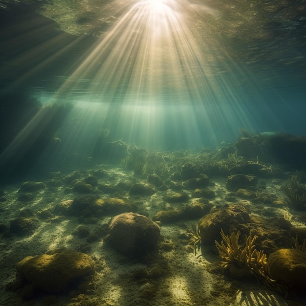 Une photo d'un fond marin avec le soleil qui brille à travers l'eau