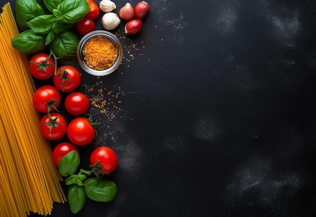 Photo de fond de pâtes italiennes non cuites avec des ingrédients de cuisine