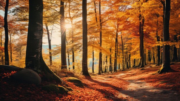 Une photo d'une forêt d'automne colorée par la lumière du soleil