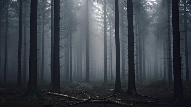 Une photo d'une forêt brumeuse avec un éclairage brumeux gris éteint