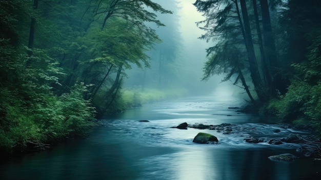 Une photo d'une forêt dense et brumeuse