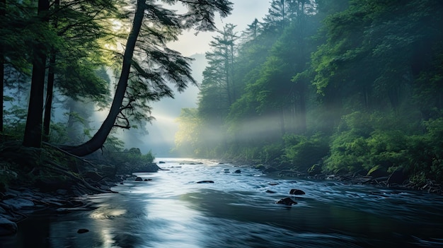 Une photo d'une forêt dense et brumeuse