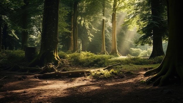 Une photo d'une forêt avec un feuillage dense tacheté de lumière du soleil