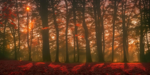 Une photo d'une forêt avec des feuilles rouges et un coucher de soleil en arrière-plan.