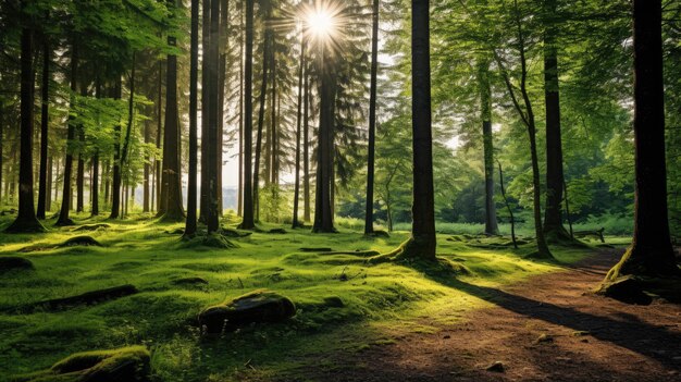 Une photo d'une forêt paisible où la lumière du soleil traverse les arbres.