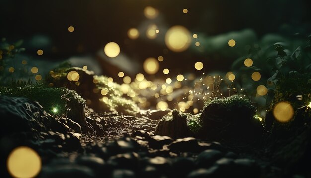 Photo d'une forêt avec des particules légèresIA générative