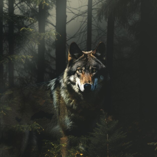 Une photo d'une forêt recouverte d'une image d'un loup