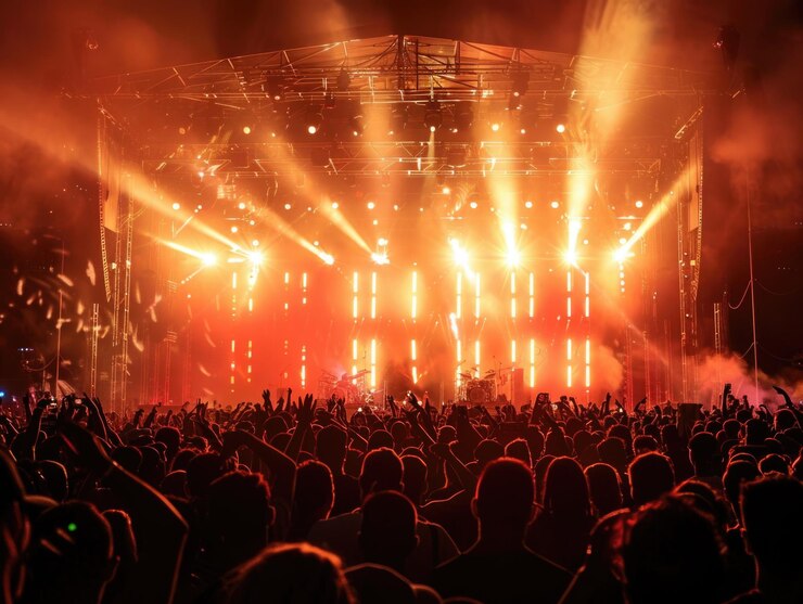 Photo une photo d'une foule de concerts en plein air faisant la fête, des lumières de scène, des concerts en direct, de la musique d'été.