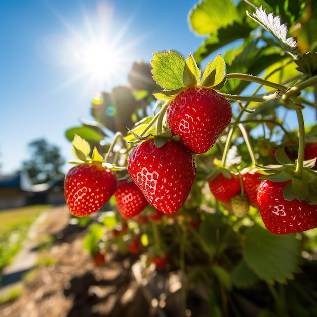 Photo d'une fraise dans une ferme de fraises