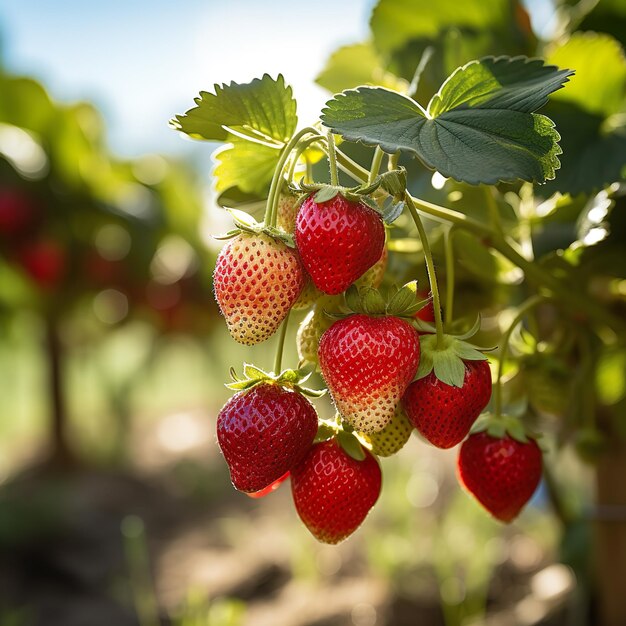 Photo d'une fraise dans une ferme de fraises