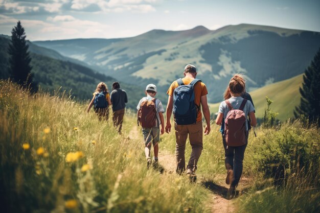 une photo franche d'une famille et d'amis en randonnée ensemble