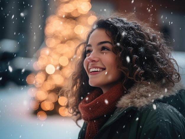 Une photo franche d'une jeune femme heureuse dans la neige regardant un arbre de Noël vue frontale et latérale s