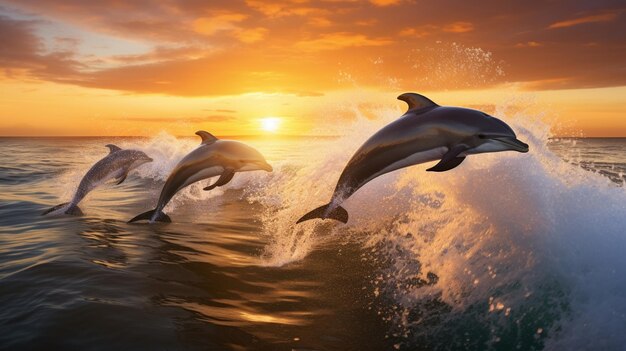 Une photo frappante d'un groupe de dauphins sautant à travers les vagues