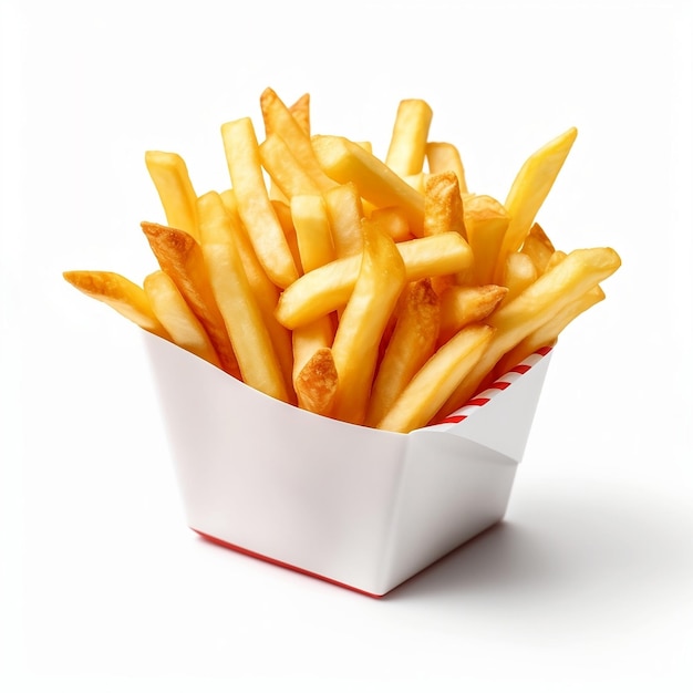 Photo frites dans une boîte en papier vierge sur fond blanc sur fond blanc