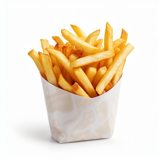 Photo frites dans une boîte en papier vierge sur fond blanc sur fond blanc