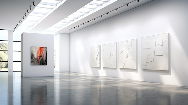 Une photo d'une galerie d'art minimaliste avec des murs blancs éclairés par des pistes