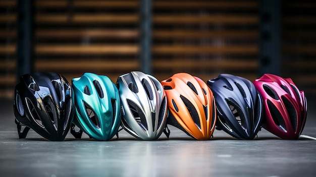 Une photo d'une gamme de casques de cyclisme colorés