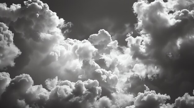 Une photo en gamme de gris du paysage nuageux Les nuages sont moelleux et ressemblent à du coton Le ciel est sombre et orageux