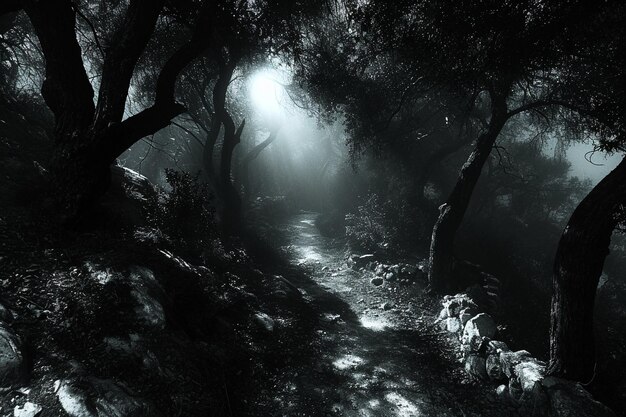 Une photo en gamme de gris d'une forêt effrayante