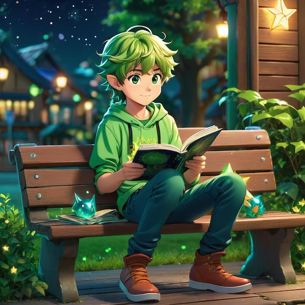 Une photo d'un garçon lisant un livre dans un parc
