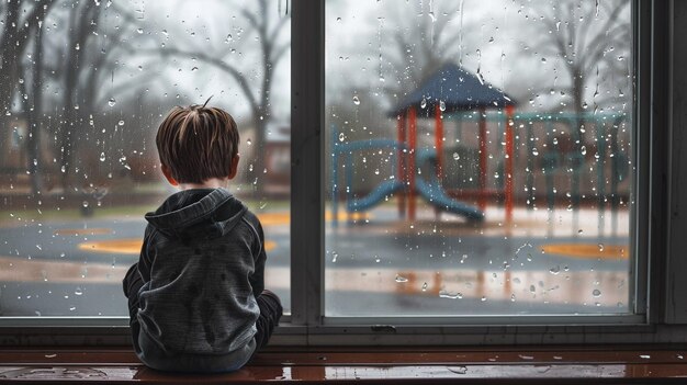 Une photo d'un garçon qui a envie de jouer un jour de pluie