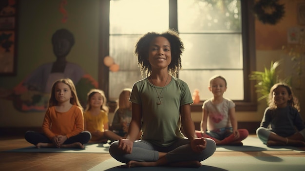 Une photo d'une garderie et d'enfants pratiquant le yoga