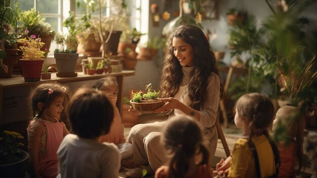 Une photo d’une garderie qui enseigne les plantes aux enfants