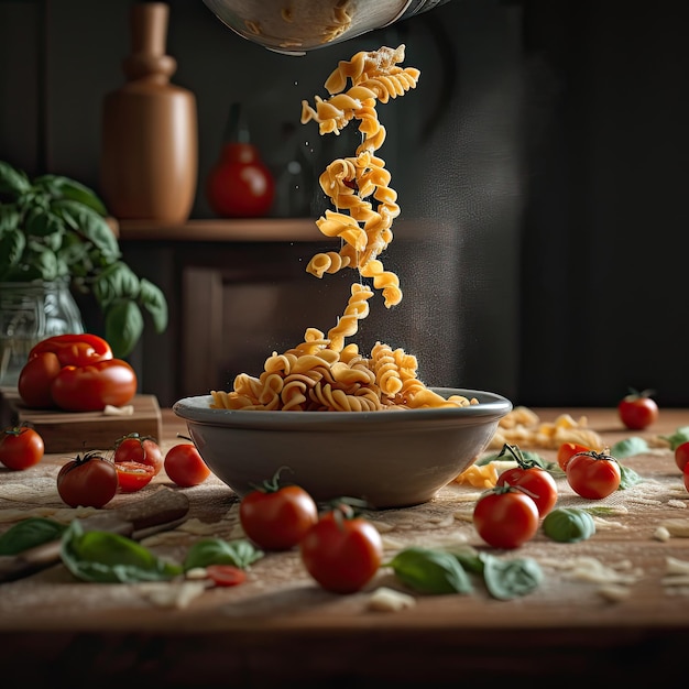 Photo gastronomique d'un plat de pâtes avec sauce et tomates cerises Plat typique méditerranéen