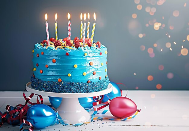 Photo d'un gâteau d'anniversaire heureux avec des décorations de gâteau bleu