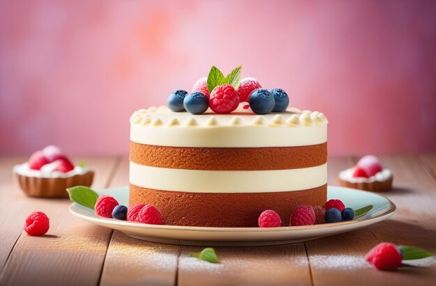 Photo d'un gâteau avec des baies bleues et des framboises