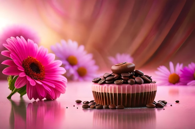 Photo de gâteau dans la table avec un fond de fleurs