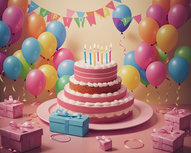 Photo de gâteau de joyeux anniversaire avec des bougies et des ballons