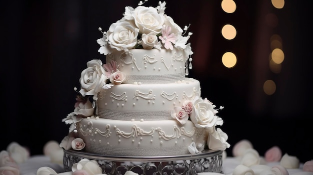 Une photo d'un gâteau de mariage magnifiquement étagé avec des décorations complexes