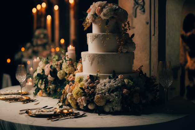 Une photo d'un gâteau de mariage à plusieurs niveaux magnifiquement décoré sur une table de banquet