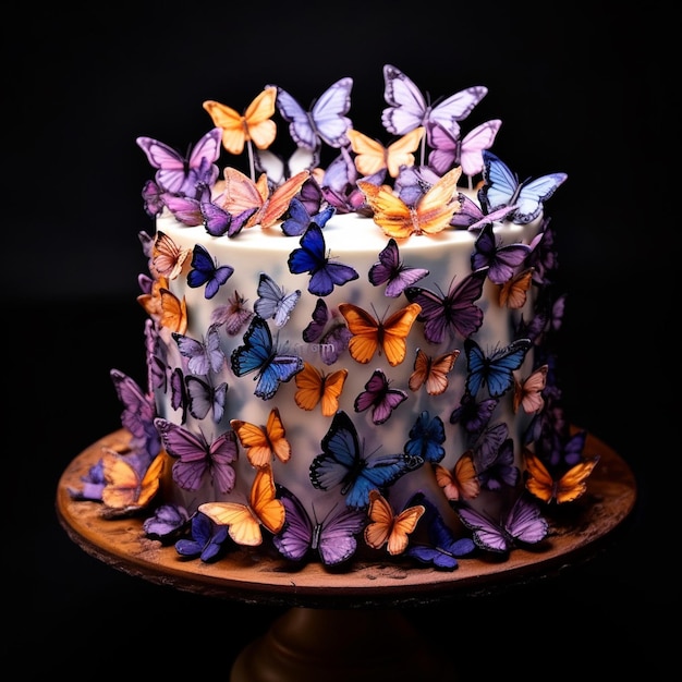 Photo d'un gâteau avec un papillon dessus entouré de papillons générés par ai