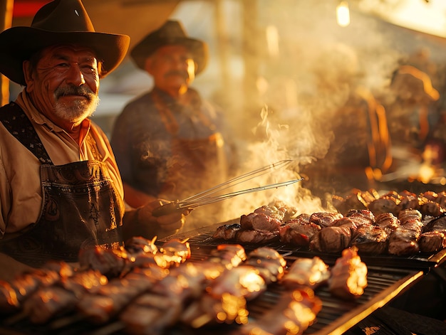 Photo de Gauchos vendant de la viande grillée dans un marché argentin avec une communauté de soins au marché