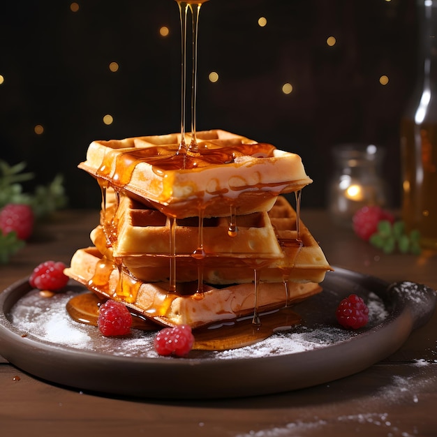 Photo de gaufre dorée avec lévitation au miel