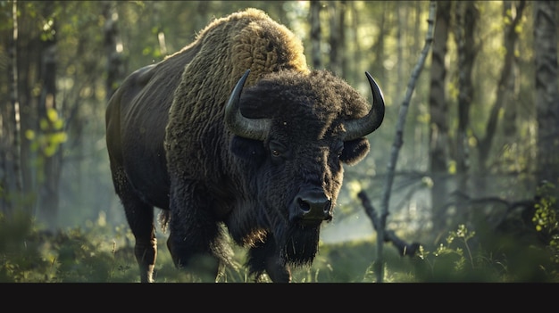 Photo générative de l'IA Un grand animal de bison de bois dans le champ de la jungle à l'arrière-plan d'un long arbre