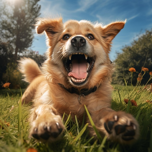 Photo générative IA de haute qualité d'un chien heureux jouant au ballon sur l'herbe